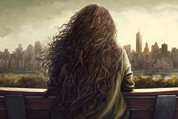 Donna seduta su una panchina del parco e godendo della vista della città con i suoi lunghi bei capelli che scorrono creati con intelligenza artificiale generativa