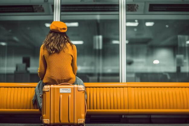 Donna seduta sui bagagli in aeroporto IA generativa