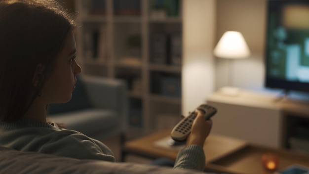 Donna seduta sul divano nel soggiorno e guardando la TV sta tenendo il telecomando