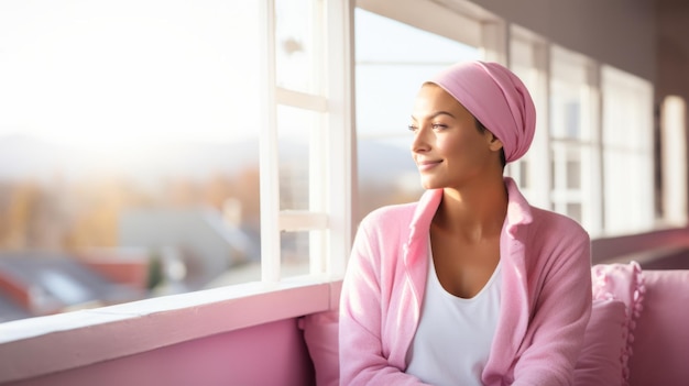 Donna seduta sul divano rosa che guarda fuori dalla finestra