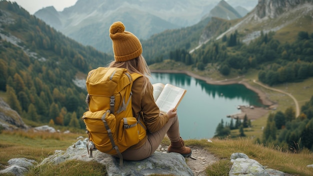 Donna seduta sulla montagna che legge un libro