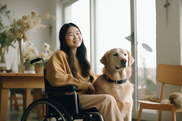 donna seduta sulla sedia a rotelle con il cane