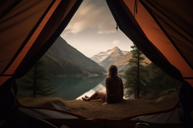 Donna seduta vicino alla tenda con vista lago e montagna ai generativa