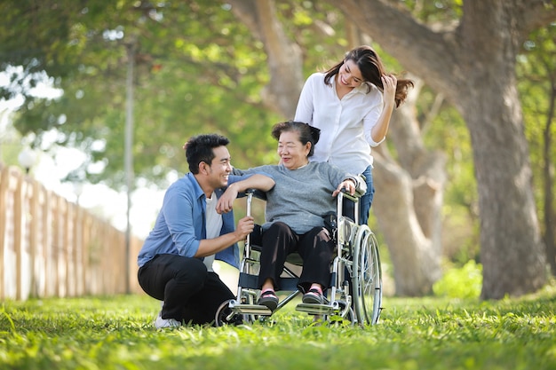 Donna senior asiatica che si siede sulla sedia a rotelle con il fronte felice di sorriso della famiglia sul parco verde