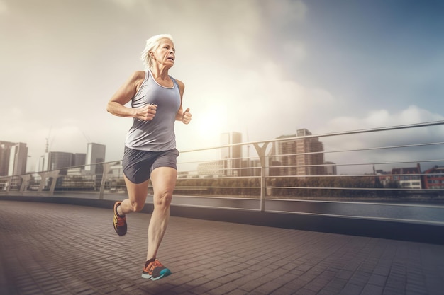 Donna senior che fa jogging in città Allenamento fitness Genera Ai