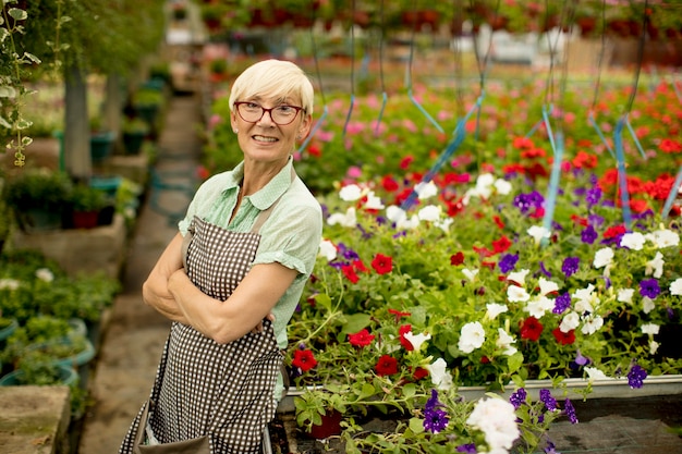 Donna senior che lavora nel giardino floreale