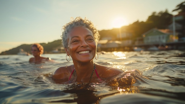 donna senior che nuotava nel lago