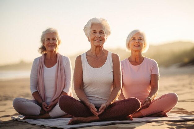 Donna senior che pratica yoga e meditazione sulla spiaggia AI generativa