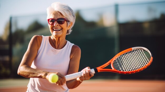 Donna senior felice che gioca a tennis come attività ricreativa dopo durante la pensione attiva