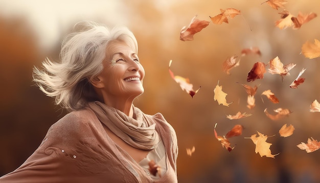 donna senior in autunno che rotea le foglie in un parco autunnale