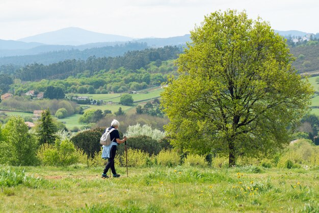 Donna senior irriconoscibile che fa un'escursione con lo zaino nella montagna