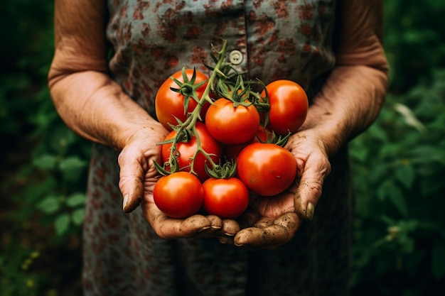 Donna senior irriconoscibile nel suo giardino che tiene i pomodori