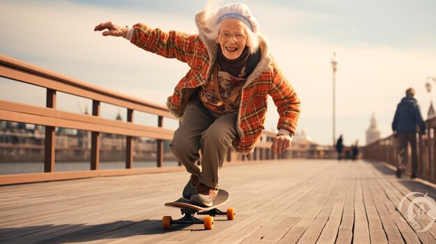 donna senior su uno skateboard