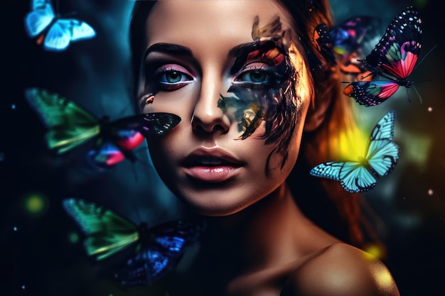 Donna sensuale con body art e farfalle colorate generative ai