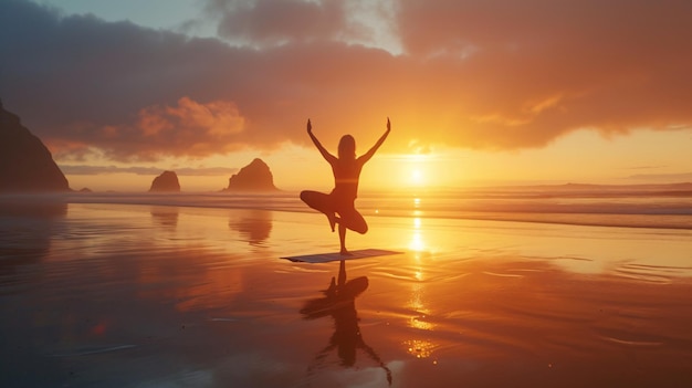 Donna serena che fa yoga su una spiaggia tranquilla che si croce nel bagliore dorato dell'alba Trova la pace interiore e il benessere con questa affascinante immagine