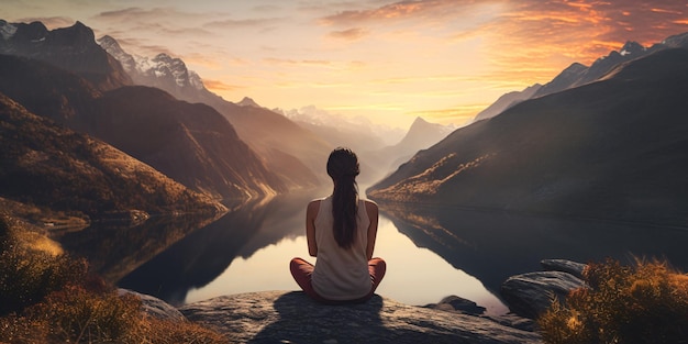 Donna serena e contemplativa che si gode la vista maestosa di un lago e di montagne IA generativa