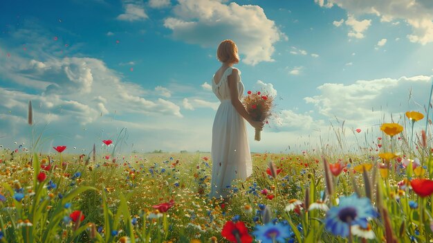 Donna serena in abito bianco con dei fiori in un prato lussureggiante scena naturale pacifica catturata alla luce del giorno ideale per il benessere e i temi primaverili AI