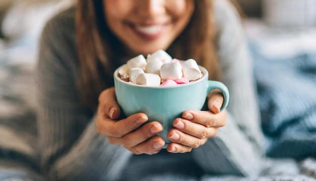 donna si rilassa a letto tenendo cioccolato bollente con marshmallows creando un caldo e confortevole