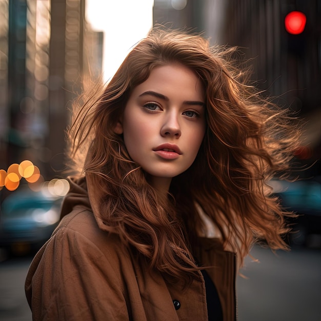 Donna sicura di moda alla moda, sorridente e guardando la fotocamera sulla strada della città