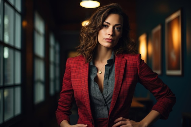 Donna sicura e professionale in ufficio emana eleganza con la sua camicia a quadri