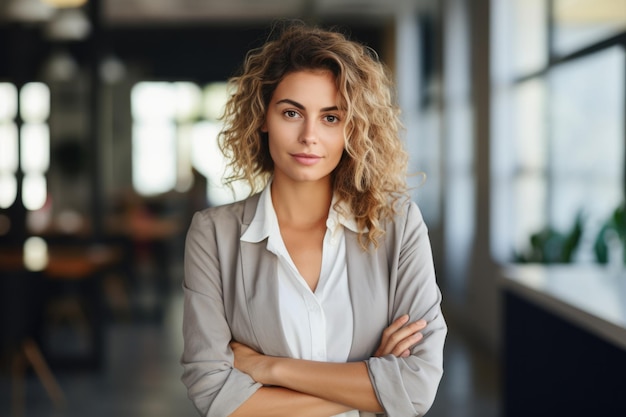 Donna sicura e professionale posa con il suo elegante cardigan a camicia di seta