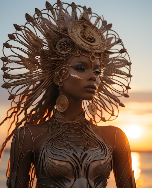 donna sirena in spiaggia durante il tramonto