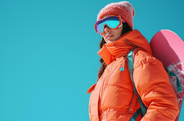 donna snowboarder in arancione in inverno che tiene la sua snowboard