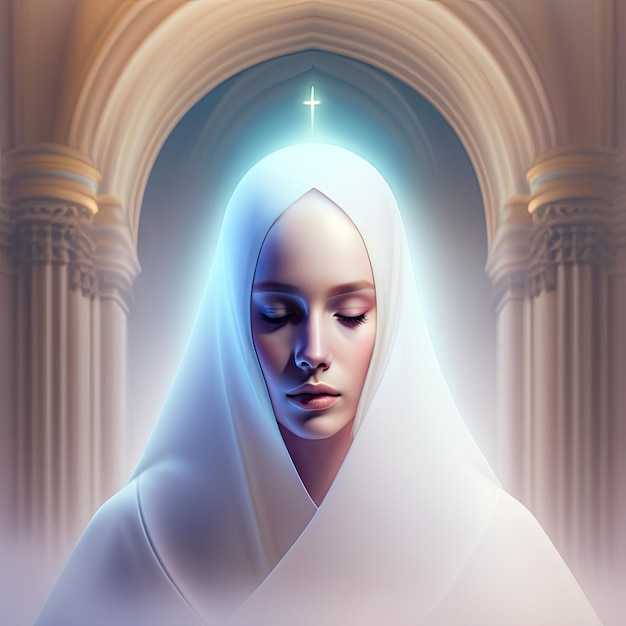 Donna sognante in bianco Pia suora astratta in preghiera Bella visione spettrale
