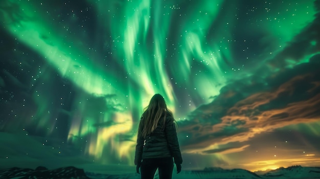 Donna solitaria che guarda le maestose luci del nord nel cielo notturno sopra le montagne innevate