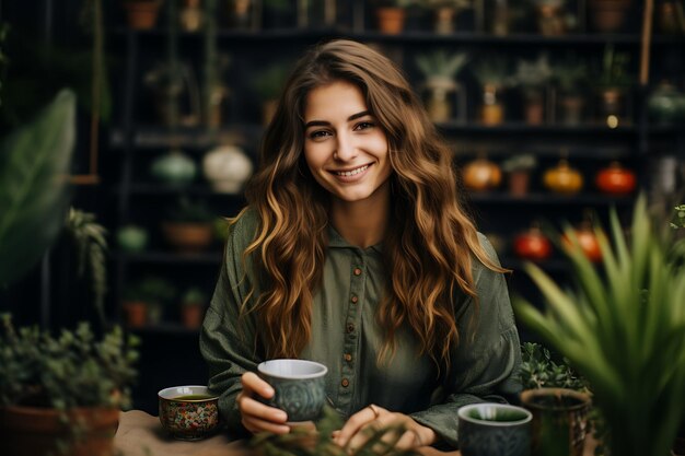 Donna sorridente che fa yoga a casa