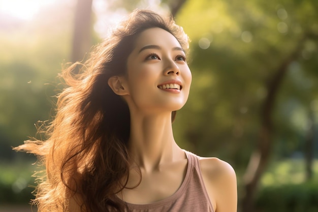 Donna sorridente che guarda i vestiti leggeri del parco del cielo