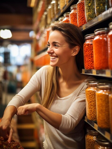 donna sorridente che guarda un barattolo di vetro di lenticchie rosse al negozio