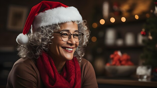 donna sorridente che indossa un cappello da Babbo Natale e una sciarpa seduta davanti a un albero di Natale AI generativa