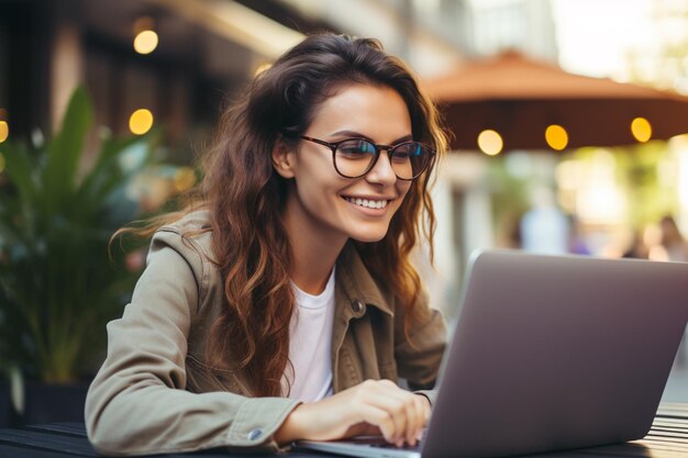 Donna sorridente che lavora su un portatile che lavora con un portatile con IA generativa