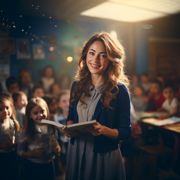 donna sorridente che legge un libro in una classe con un gruppo di bambini