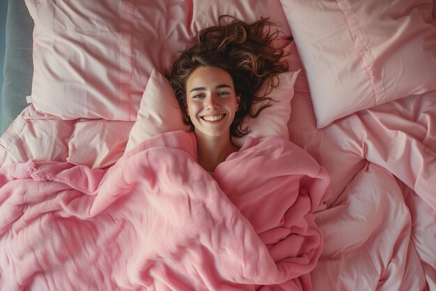 Donna sorridente che si gode del conforto in biancheria da letto rosa