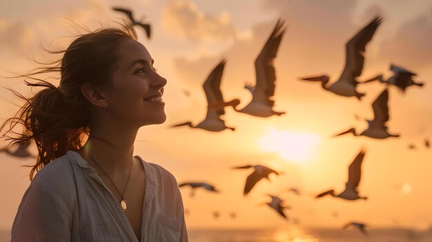 Donna sorridente che si gode di un bellissimo tramonto con uccelli che volano scena naturale serena e pacifica ritratto di stile di vita all'aperto AI