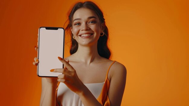 Donna sorridente che tiene in mano uno smartphone con schermo bianco in mano vicino alla fotocamera studio arancione Gadget con spazio libero vuoto per banner di mockup focalizzazione selettiva isolata