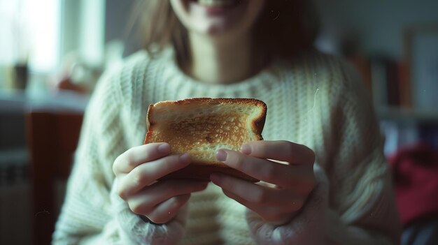 Donna sorridente che tiene un toast marrone dorato in un ambiente domestico accogliente casual confortevole vita quotidiana AI