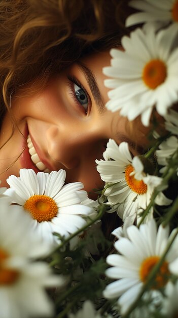 donna sorridente circondata da fiori margherite leggero trucco concentrato occhio umano felice volto femminile giovane rotondo