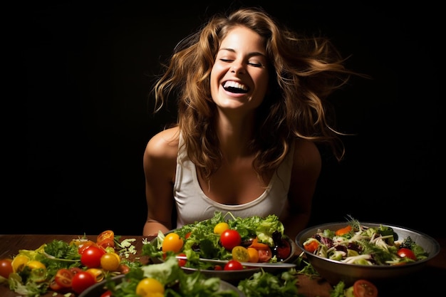 Donna sorridente circondata da frutta e verdura e cibo sano