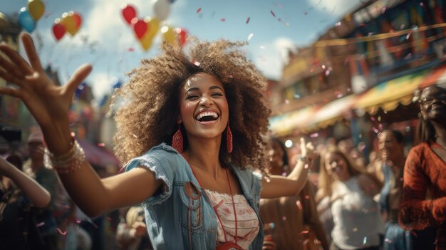 Donna sorridente con capelli afro posa per la macchina fotografica