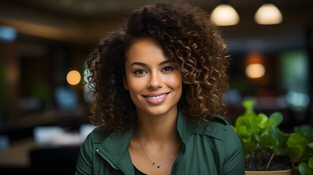 donna sorridente con capelli ricci e giacca verde seduta al tavolo AI generativa