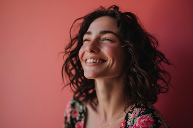 Donna sorridente con capelli ricci su sfondo rosa