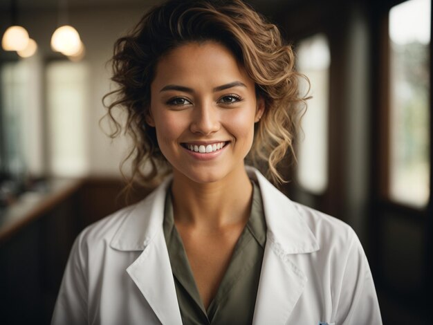 Donna sorridente con giacca e camicia bianca