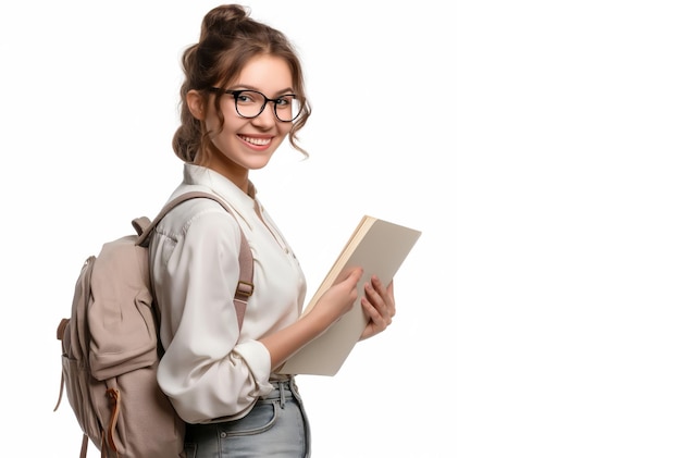 Donna sorridente con gli occhiali che tiene un libro