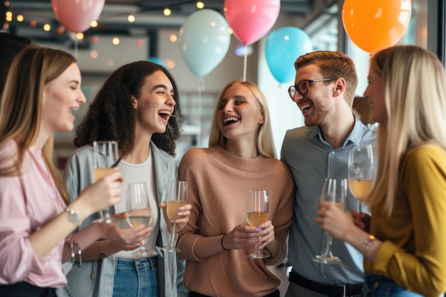 Donna sorridente con gli occhiali in piedi in un gruppo di persone