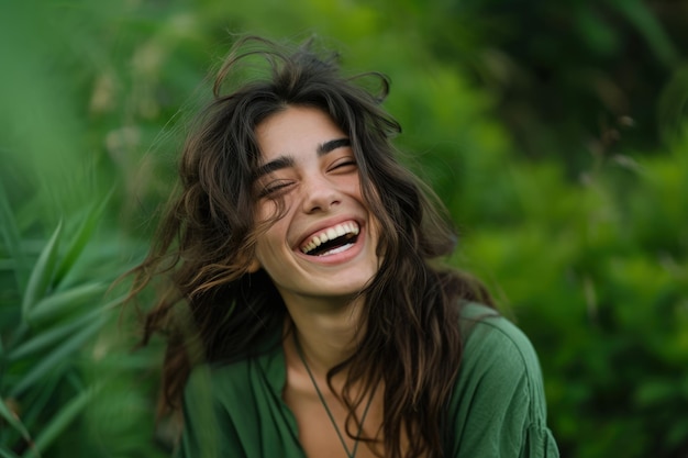 Donna sorridente con i capelli lunghi e la camicia verde