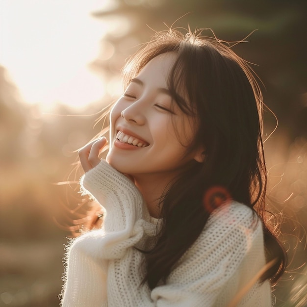 Donna sorridente con i capelli lunghi in maglione bianco