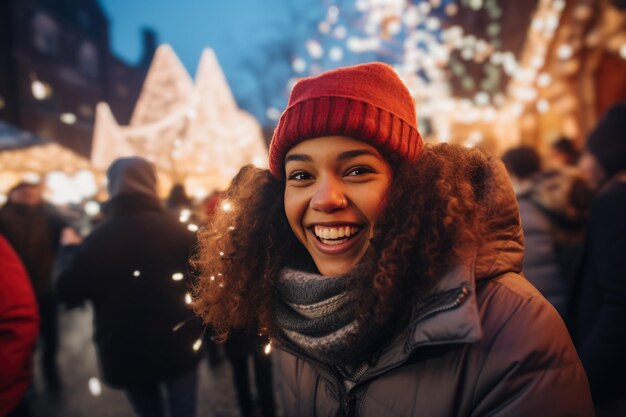 Donna sorridente con i capelli ricci e un berretto rosso mercato di Natale e luci di Natale